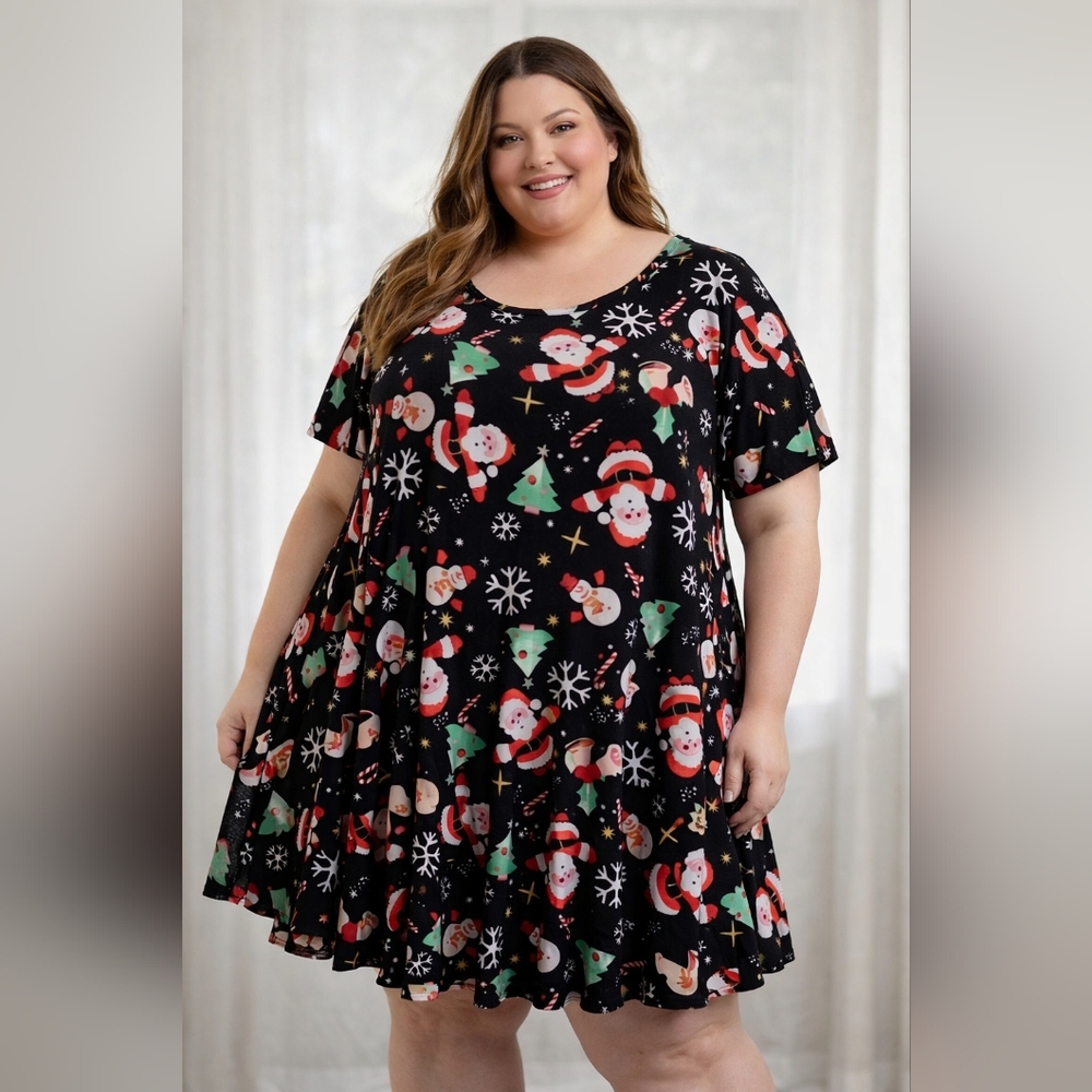 Larace Black Santa Print Short Sleeve Shirt Dress